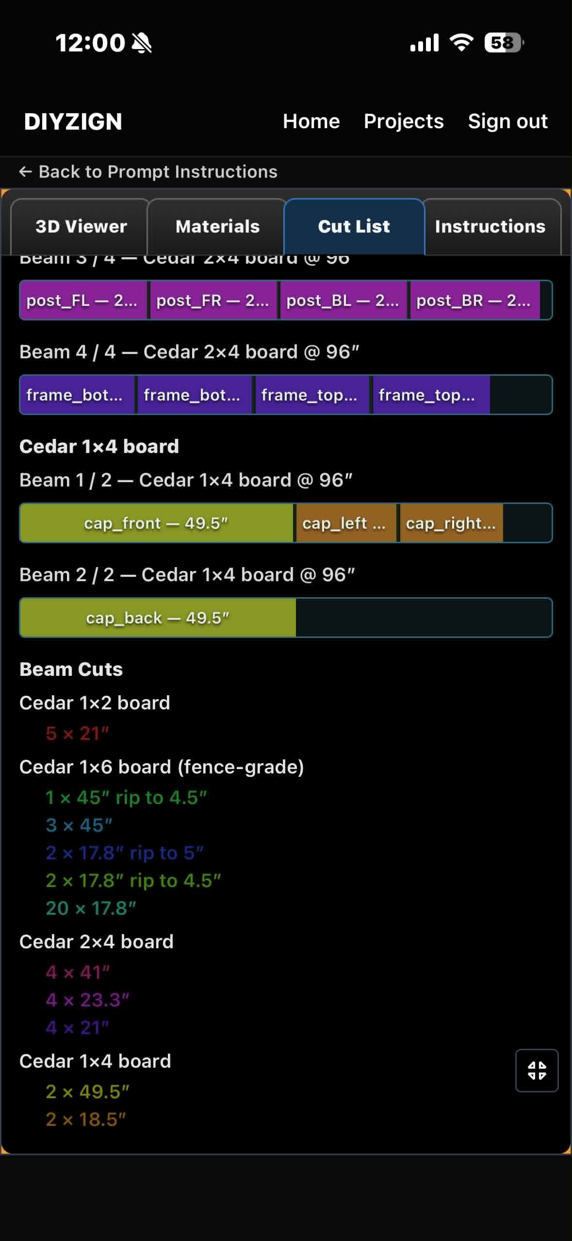 Color-coded cut list showing optimized cuts per board