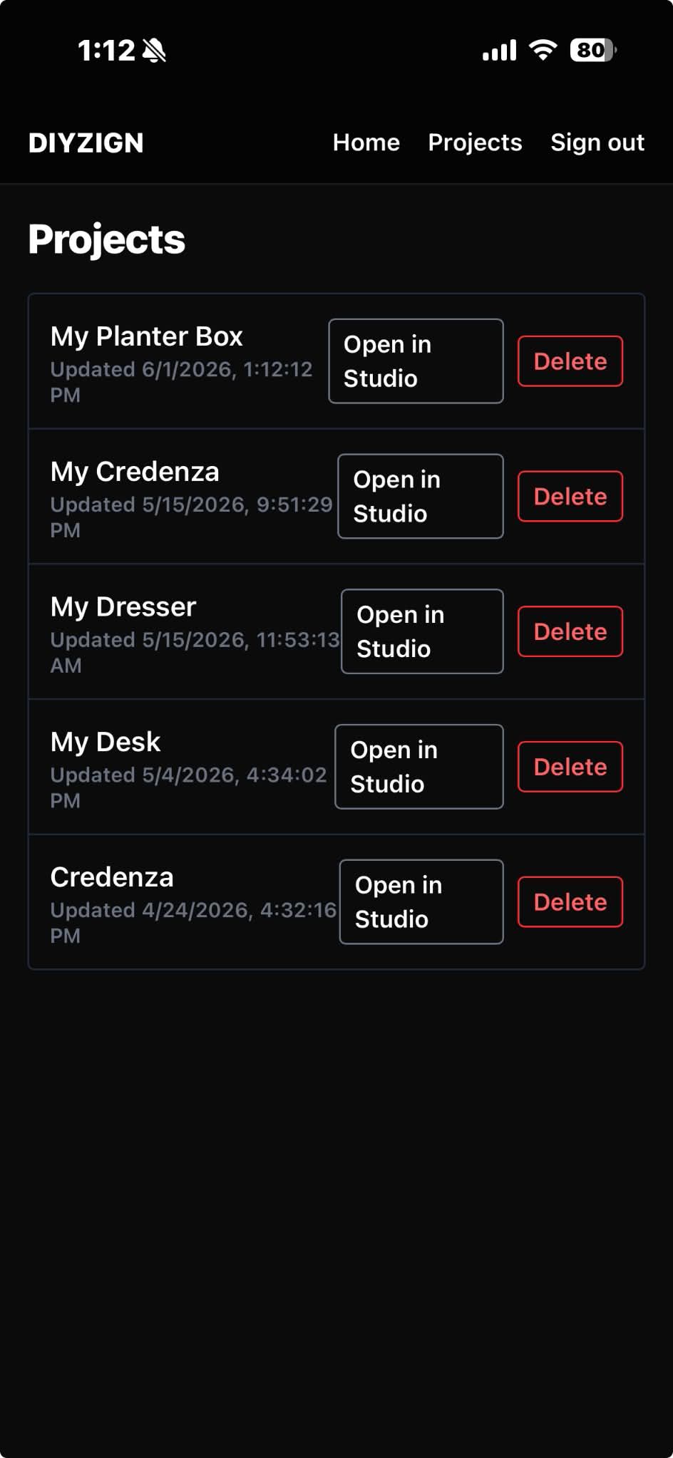 Saved projects list in DIYZIGN
