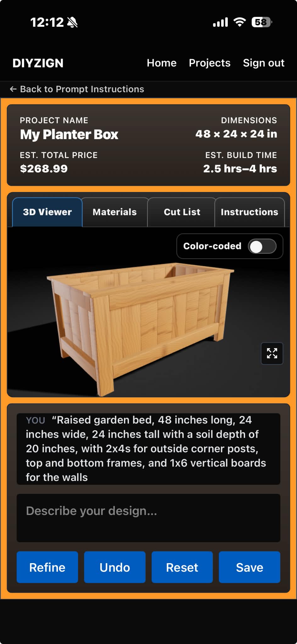 DIYZIGN studio screen showing a planter box in 3D